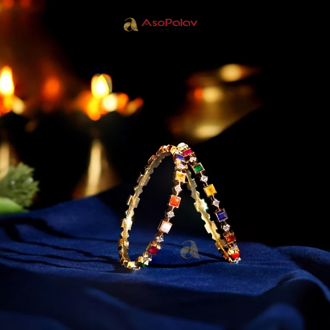 Navaratna Bangles with Diamonds in Yellow Gold | Asopalavjewellers